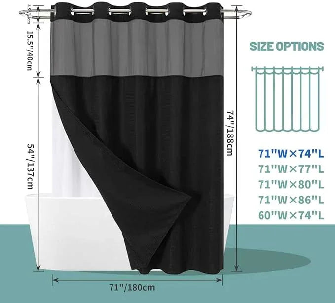 eachope Black No Hook Waffle Weave Shower Curtain with snap-in Liner Replacement, 230GSM Waterproof Fabric Hotel Shower Curtain Set for Bathroom, Through Mesh Top Window,71Wx74H - ModernBath