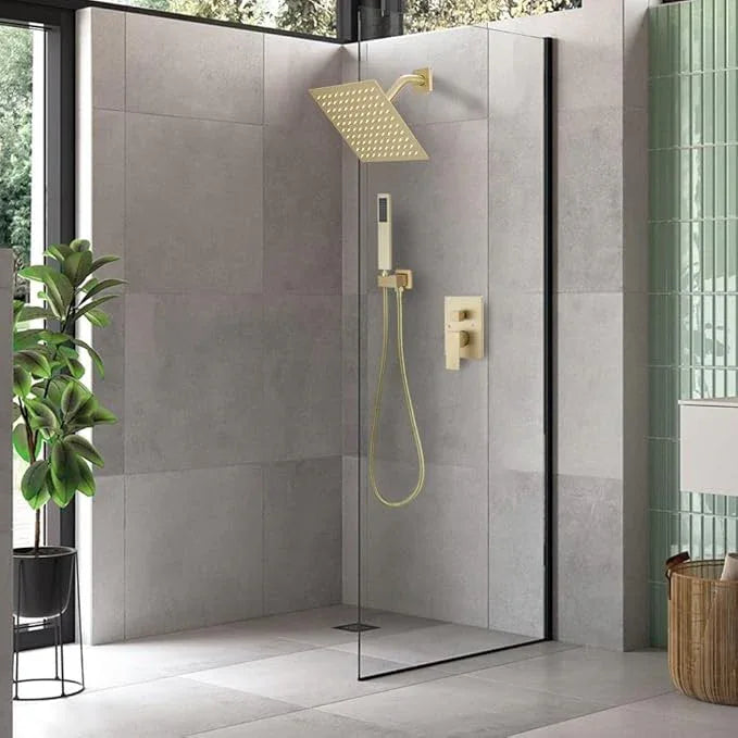 annazom Brushed Gold Shower System 8 Inch Bathroom Luxury Rain Mixer Shower Combo Set Wall Mounted Rainfall Shower Head and Handheld System Shower Faucet Set Rough-in Valve Body and Trim Included - ModernBath