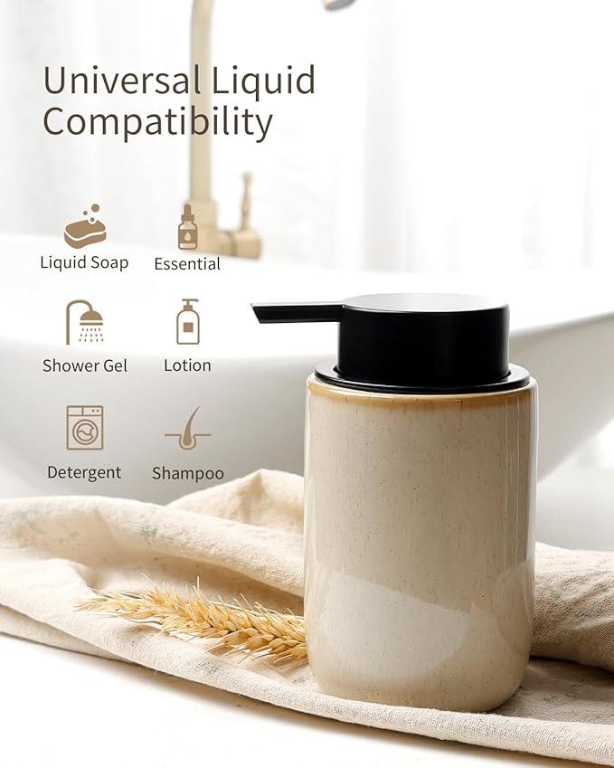 BosilunLife Lotion Pump Dispenser - Hand Soap Dispenser Bathroom Ceramic Dish Liquid Soap Dispenser for Bathroom, Kitchen, Countertop Soap Dispensers (Greige with Speckle, Liquid Pump) - ModernBath