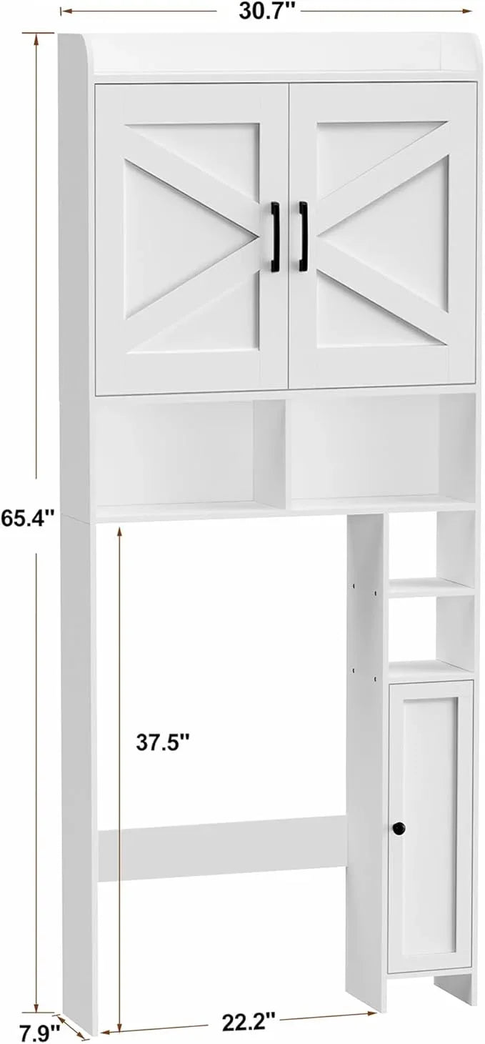 Homhedy Over The Toilet Storage Cabinet with 2 Barn Door and Toilet Paper Holder Stand, FreeStanding Toilet Shelf Space Saver, for Bathroom, Restroom, Laundry, White - ModernBath