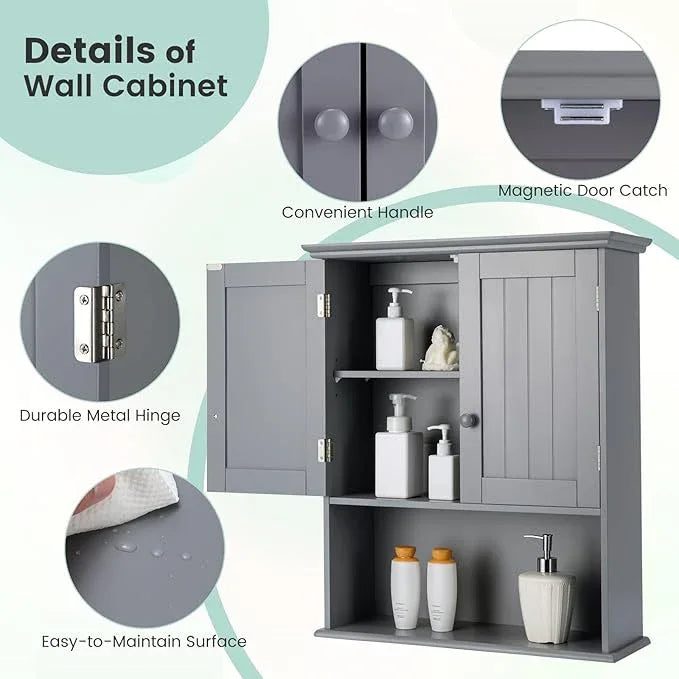 Giantex Medicine Cabinets, Wall Mounted Bathroom Cabinet with Adjustable Shelf, 2-Door, Bathroom Storage Cabinet Over The Toilet, Living Room, Kitchen, Laundry Room, Cupboard (Gray) - ModernBath