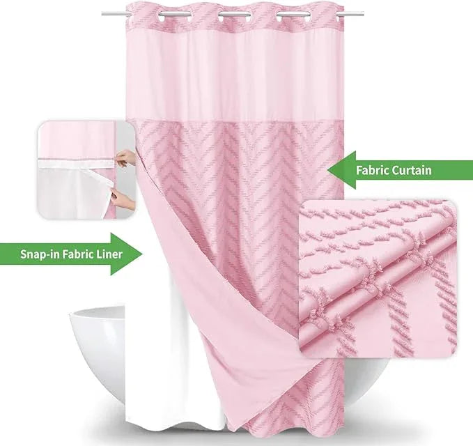 eachope Stall No Hook Boho Farmhouse Shower Curtain with Snap-in Fabric Liner set-54Wx80H(78H),Pink Tufted Chevron Striped Hotel Grade Cloth Shower Curtains for Bathroom,Water Repellent - ModernBath