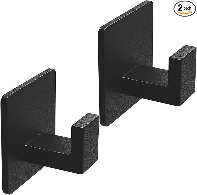 VAEHOLD Adhesive Towel Hooks, Heavy Duty Wall Hooks Aluminum Black Hooks for Hanging Coat, Hat, Towel, Robe, Clothes, Shower Hook for Door, Office, Kitchen, Bathroom - 2 Pack (Black) - ModernBath