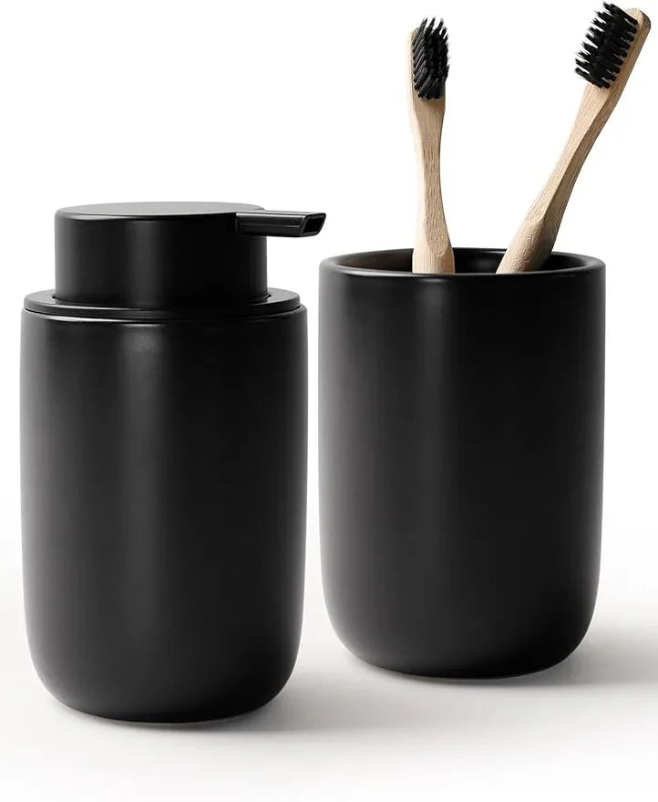 Bosilunlife Soap Dispenser and Toothbrush Holder Set - 11Oz Foam Soap Dispenser Pump Ceramic Bathroom Counter Soap Toothbrush Holder Set Black Bathroom Accessories Set - ModernBath