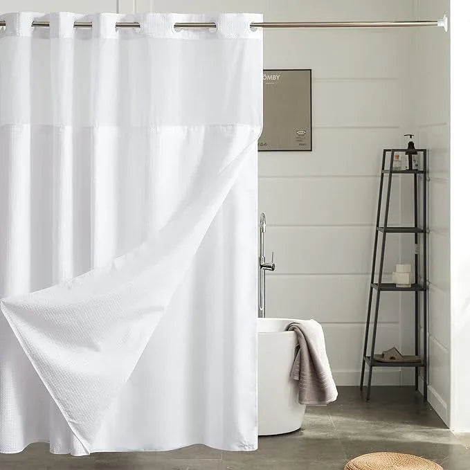 Furlinic Extra Long Waffle Weave No Hook Shower Curtain with Snap in Liner,Heavy Duty Textured Fabric Bathroom Curtains,Hotel Style with Mesh Top Window,Waterproof & Machine Washable,White,71x96. - ModernBath