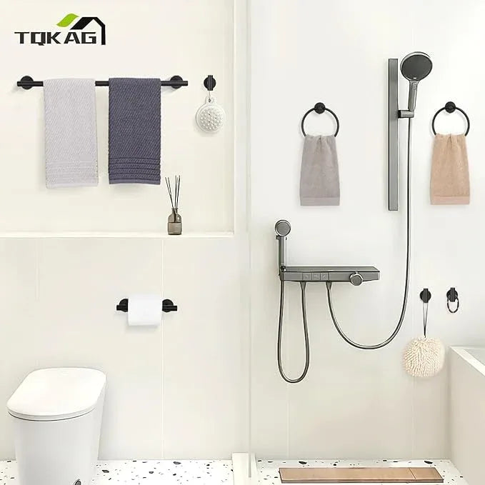 TQKAG 8-Pieces Bathroom Hardware Set Matte Black SUS304 Stainless Steel Bath Towel Bar Set 23.6 Inch Round Bathroom Accessories Kit Wall Mounted - ModernBath