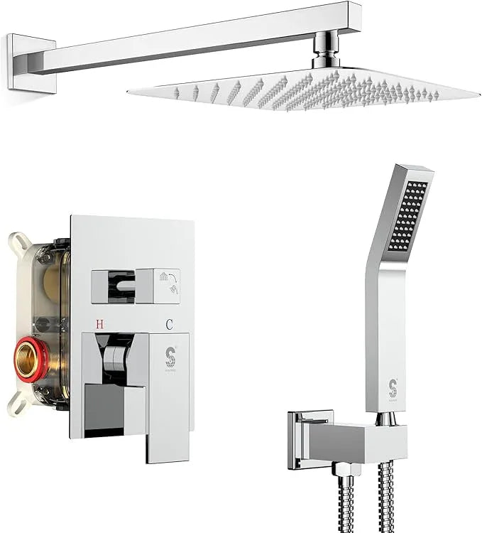 SR SUN RISE SRSH-F5043 Bathroom Luxury Rain Mixer Combo Set Wall Mounted Rainfall Shower Head System Polished Chrome, (Contain Faucet Rough-in Valve Body and Trim) - ModernBath