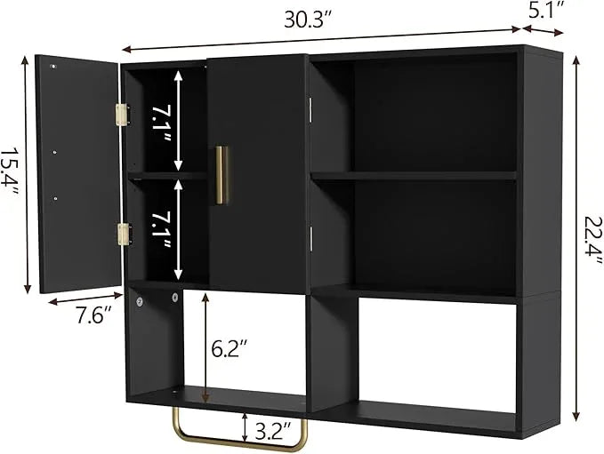 Bathroom Wall Cabinet Wood Large Wall Mounted Medicine Cabinet with 2 Doors and 4 Open Shelves Over Toilet Storage Cabinet Organizer with Towel Bar, Black - ModernBath