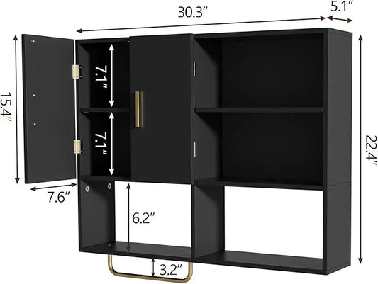Bathroom Wall Cabinet Wood Large Wall Mounted Medicine Cabinet with 2 Doors and 4 Open Shelves Over Toilet Storage Cabinet Organizer with Towel Bar, Black - ModernBath