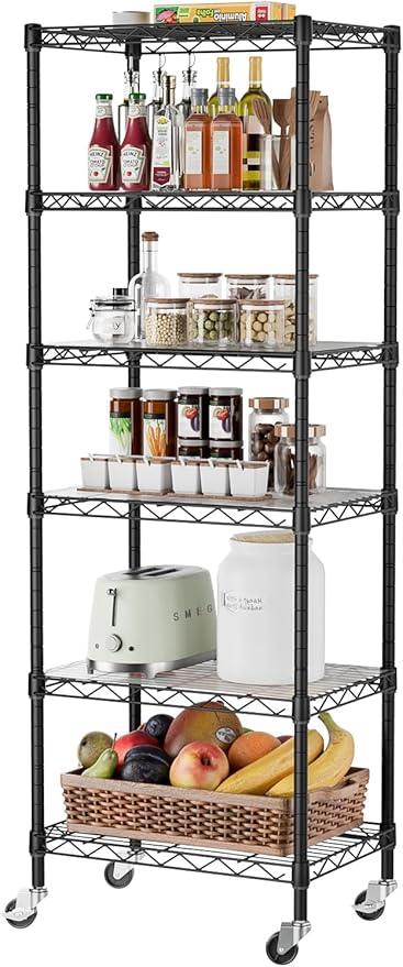 SINGAYE 6 Shelf Storage Wire Shelves Closet Bathroom Organizers Metal Pantry Kitchen Small Garage Shelving Unit Laundry Room Organization Home Narrow Rack Net Basket with Wheels Black - ModernBath