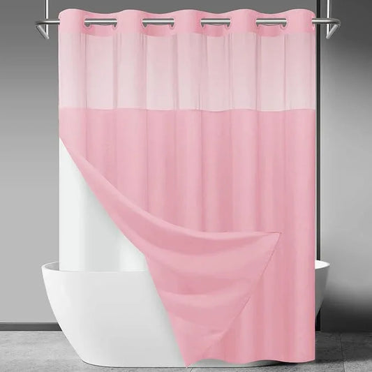 SORTTO No Hook Slub Textured Shower Curtain with Snap in Liner - Pink Fabric Outer Curtain & Waterproof Inner Liner, Hotel Style with See Through Top Window, 71x74 in - ModernBath