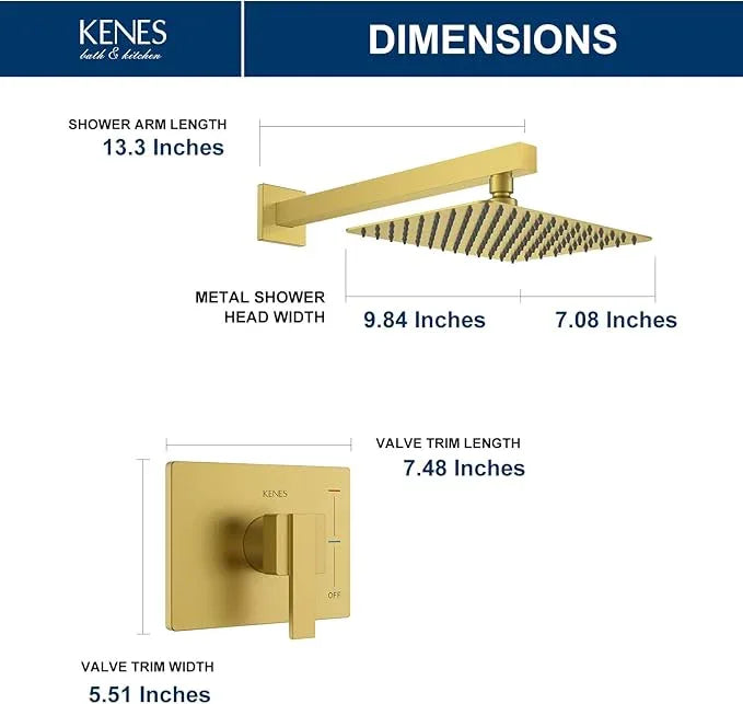 KENES Brushed Gold Shower Faucet, Modern Square 10-Inch Shower Head and Handle Set, Bathroom Rainfall Shower System Wall Mount, KE-6024B-4 (Including Shower Valve) - ModernBath