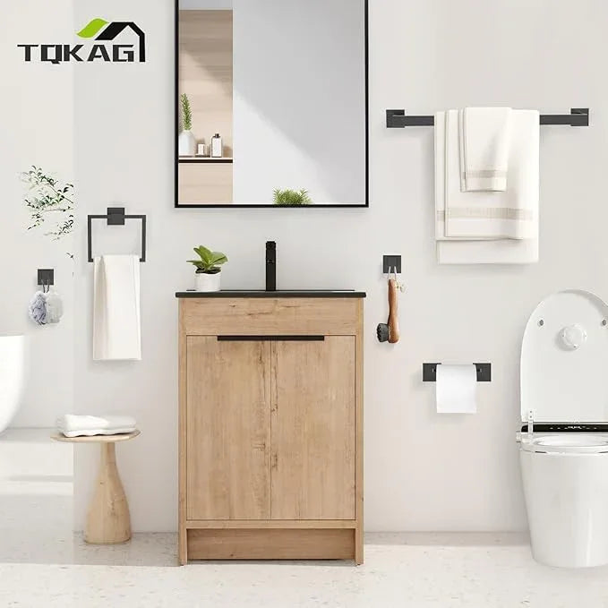 TQKAG Matte Black Bathroom Hardware Accessories Set 5 Pieces, Double Post Pivoting Toilet Paper Holder Set Stainless Steel Square Bathroom Towel Bar Holder Set Wall Mounted - ModernBath