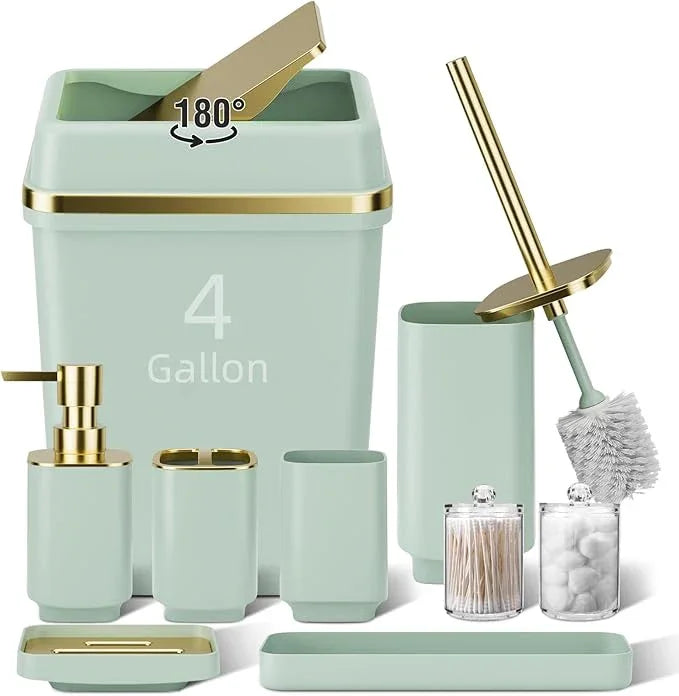 9PCS Bathroom Accessory Set, Green Bathroom Set with Large-Capacity 4 Gallon Trash Can, Bathroom Accessories Set Complete, Toothbrush Holder, Soap Dispenser, Toilet Brush, Bathroom Decor - ModernBath