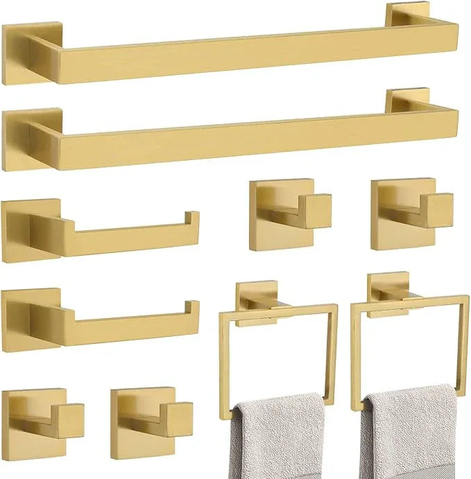 TNOMS Brushed Gold 10 Pieces Bathroom Hardware Accessories Set Towel Bar Set Towel Holder&Racks Set for Bathroom,SUS304 Stainless Steel,Wall Mounted 16-Inch - ModernBath