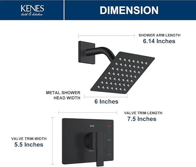 KENES Matte Black Shower Faucet with 6-Inch Shower Head and Handle Set, Square Shower Faucet Set Bathroom Rainfall Shower System Wall Mount, KE-6025B-2 (Shower Valve Included) - ModernBath