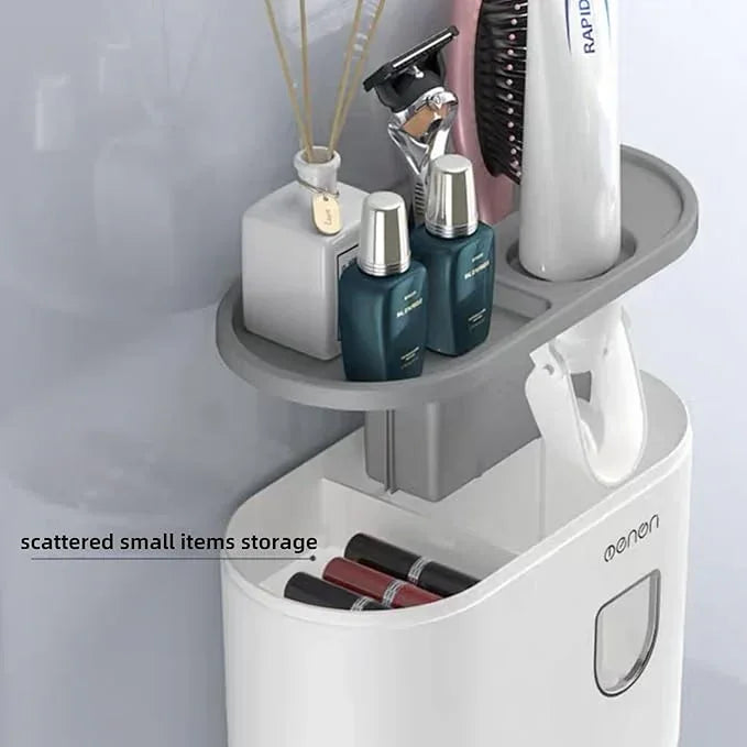 Celsitudo No-Drill Wall Mounted Toothbrush Holder, Bathroom Shelf, with Automatic Toothpaste Dispensers 4 Brush Hooks1 Magnetic Cups 1 Cosmetic Drawer Organizer and Large Storage (1 Dispenser 1 Cup) - ModernBath