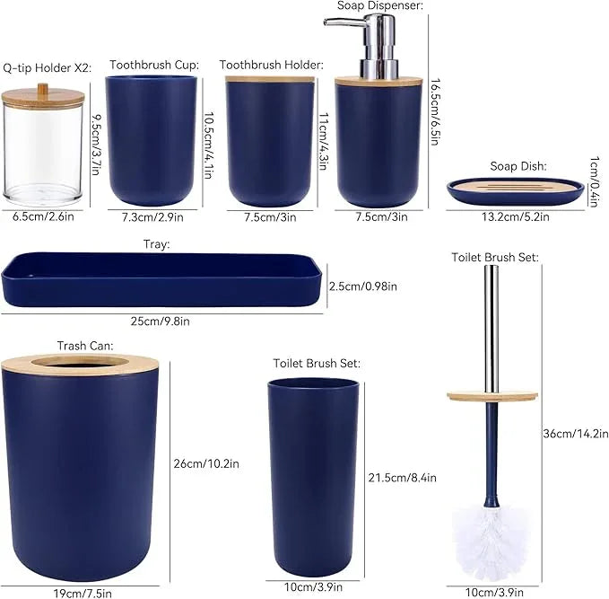 SLDIYWOW Blue Bathroom Accessories, 9-Piece Navy Blue Bathroom Accessories with Trash Can,Tray,Soap Dispenser,Toothbrush Holder,Toothbrush Cup,Soap Dish,Toilet Brush and Q-tip Holders for Bathroom - ModernBath