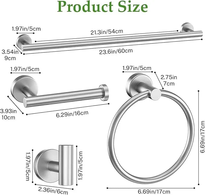 10-Piece Towel Bar Set Brushed Nickel Bathroom Hardware Accessories Set Includes 23.6in Towel Bar Round Towel Ring TP Holder and Hooks Stainless Steel Wall-Mounted Towel Racks Set for Bathroom - ModernBath