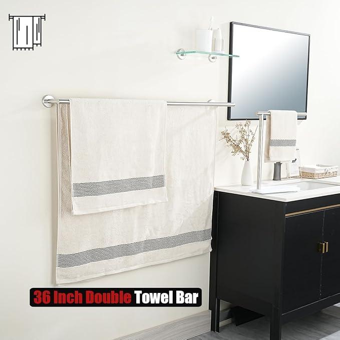 JQK Double Bath Towel Bar, 39 Inch 304 Stainless Steel Thicken 1mm Towel Rack for Bathroom, Bath Towel Holder Brushed Wall Mount, Useable Length 36 Inch, TB100L36-BN - ModernBath