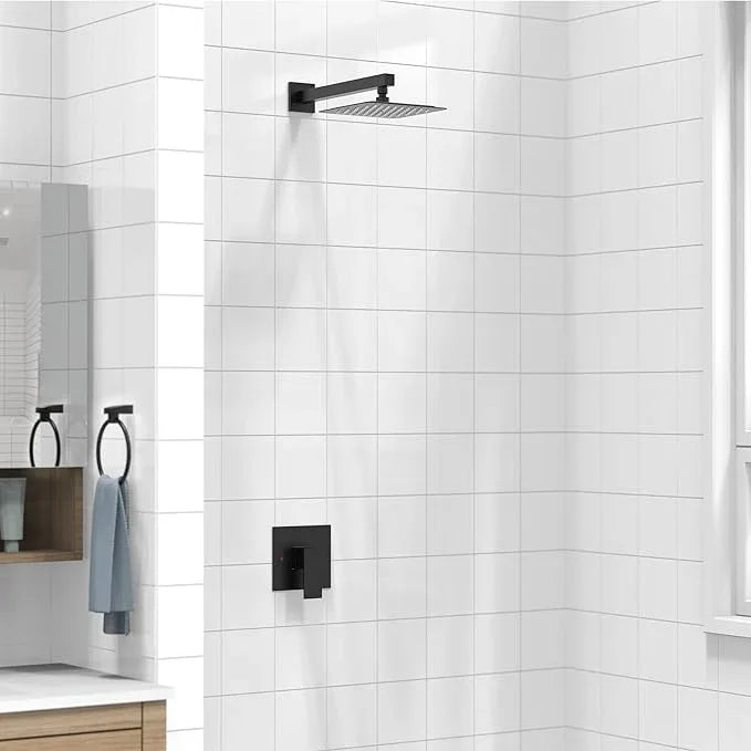 SunCleanse Matte Black Shower Faucet Set with Valve, 8 Inch Square Shower Head and Handle Set, Single Handle Shower Trim Kit with Extra Long Shower Arm - ModernBath