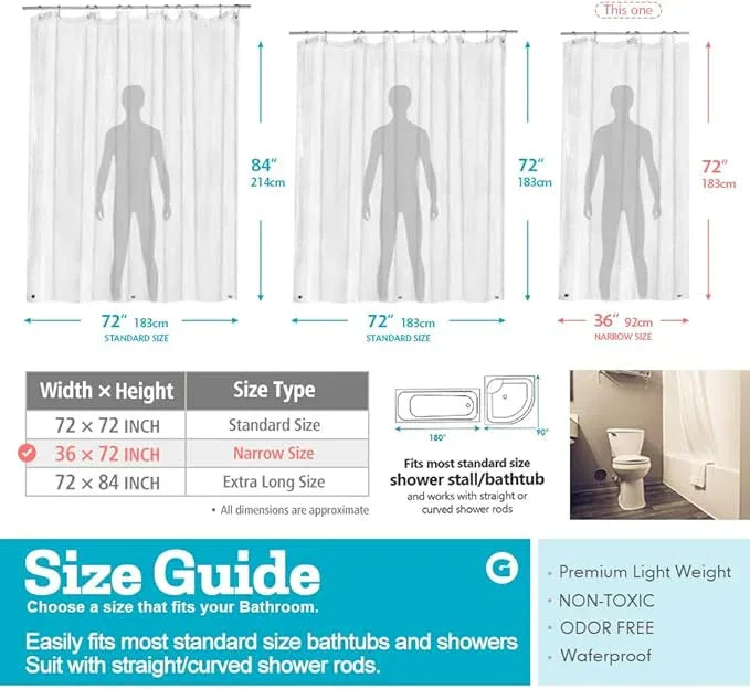 Ga-Geetopia Narrow Size - Thin PEVA Clear Plastic Shower Curtain Liner 36"x72" Water Repellent Lightweight Odorless Clear Bathroom Office Classroom Showroom Curtain Liner for Stall - ModernBath