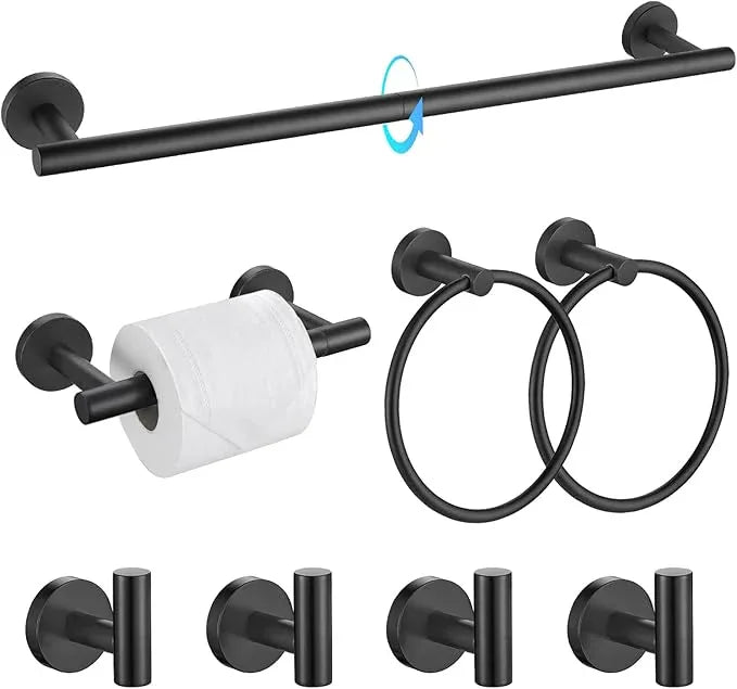 TQKAG 8-Pieces Bathroom Hardware Set Matte Black SUS304 Stainless Steel Bath Towel Bar Set 23.6 Inch Round Bathroom Accessories Kit Wall Mounted - ModernBath