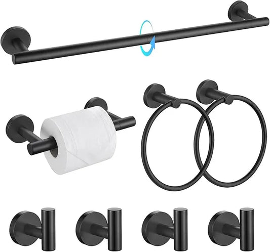 TQKAG 8-Pieces Bathroom Hardware Set Matte Black SUS304 Stainless Steel Bath Towel Bar Set 23.6 Inch Round Bathroom Accessories Kit Wall Mounted - ModernBath