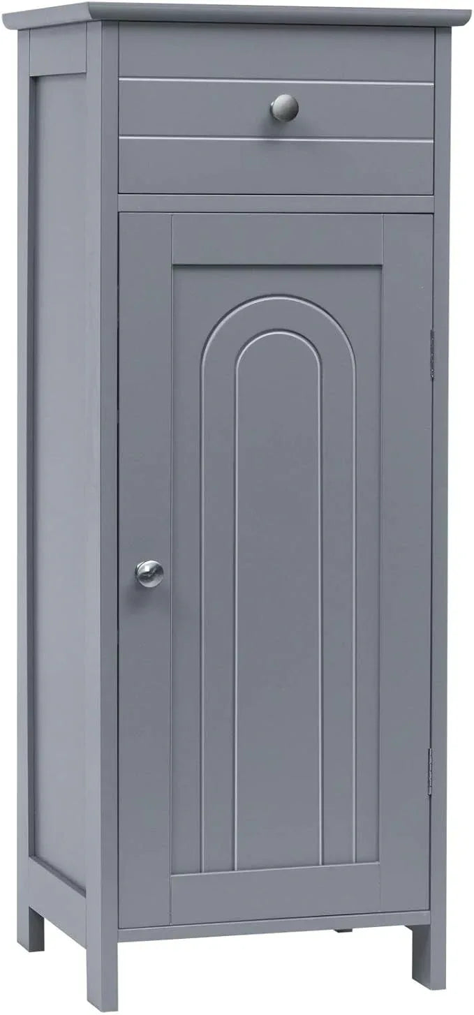 Tangkula Bathroom Floor Cabinet, Wooden Side Storage Cabinet, Freestanding Single Door Bathroom Cabinet with Large Drawer & 2 Adjustable Shelves for Living Room Kitchen (Grey) - ModernBath