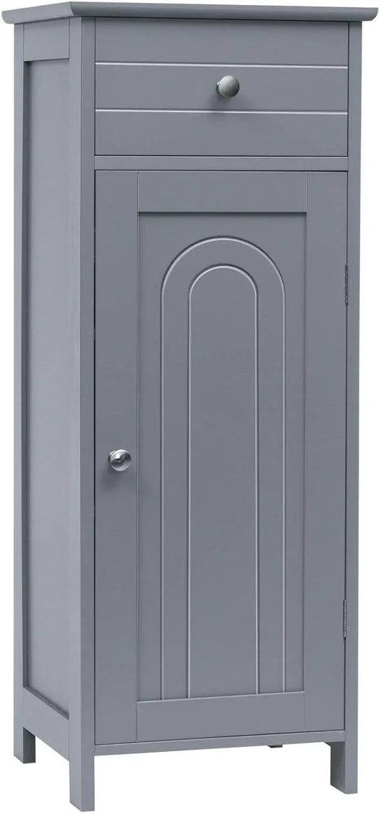 Tangkula Bathroom Floor Cabinet, Wooden Side Storage Cabinet, Freestanding Single Door Bathroom Cabinet with Large Drawer & 2 Adjustable Shelves for Living Room Kitchen (Grey) - ModernBath