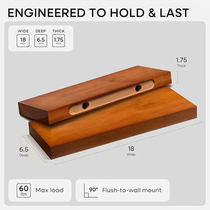 Homeforia 18 inch Floating Shelf Oak, High End Solid Real Wood 18inch Long Floating Shelves for Wall Mounted, Honey Oak Wooden 18in Floating Shelves, Heavy Duty Bracket, 18 X 6.5 X 1.75 inch, Set of 2 - ModernBath