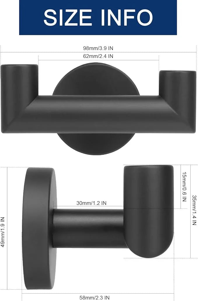 NearMoon Bathroom Double Towel Hook- SUS304 Stainless Steel Robe Towel Holder, Heavy Duty Double Coat Hook for Bathroom Livingroom Kitchen Wall Mounted (Matte Black-U, 2 Pack) - ModernBath