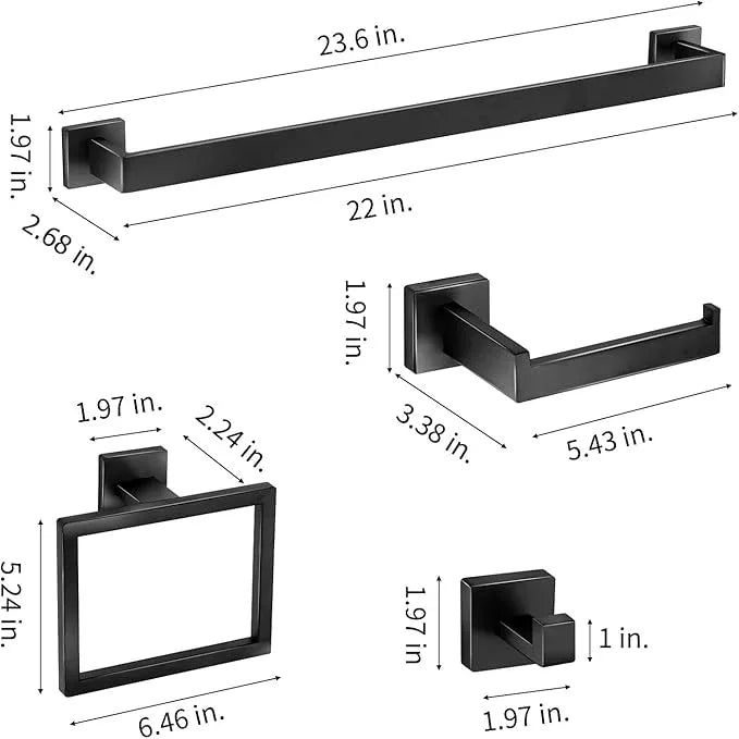 Bathroom Hardware Accessories Set 10 Pieces Matte Black Towel Bar Set 24 Inch, Towel Rack Rings Stainless Steel Bath Coat Hooks Wall Mounted Toilet Paper Holder - ModernBath