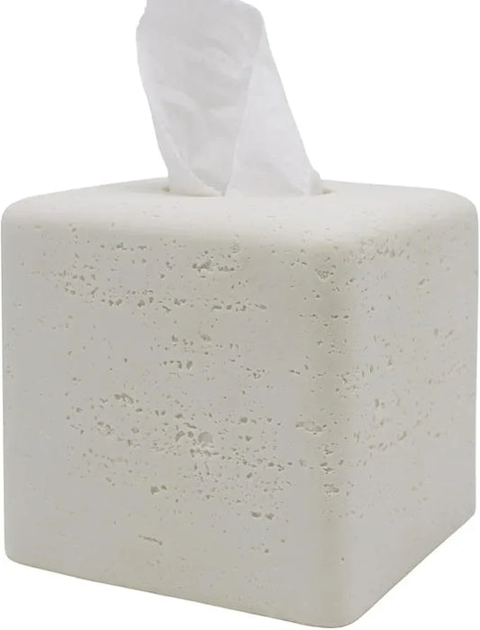 Huitony Travertine Tissue Box Cover Square Decorative Stone Klenex Box Holder for Bathroom & Living Room with Handcrafted Texture (Light White) - ModernBath