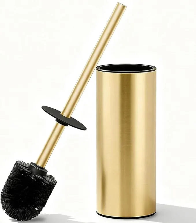 Toilet Brush and Holder Set, NEWRAIN 304 Stainless Steel Toilet Brush with Long Brush Handle, Brushed Gold Toilet Scrubber and Covered Holder, Round Design Sturdy and Space Saving, Covered Brush - ModernBath