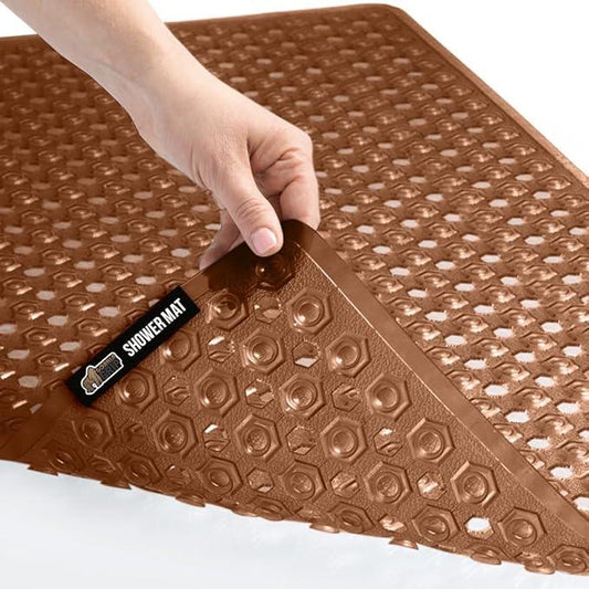 GORILLA GRIP Patented Bath Tub Shower Mat, Machine Washable Bathtub Floor Liner Mats, Suction Cups and Drain Holes to Keep Tubs Clean, Soft on Feet, Bathroom Essentials, 35x16 Inch, Brown - ModernBath