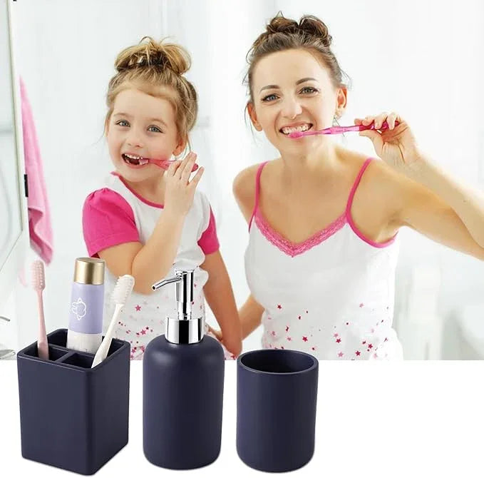 Resin 6 Pcs Navy Blue Bathroom Set Complete with Toothbrush Holder, Lotion Soap Dispenser, 2 Qtip Holder Dispensers,Vanity Tray,Bathroom Tumbler - Countertop Vanity Organizer - Bathroom Accessories - ModernBath