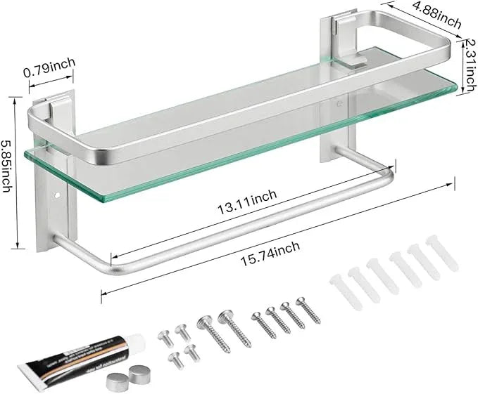 VOLPONE Glass Shelf with Towel Bar 15.7in Silver Bathroom Shelf Wall Mount Rustproof Bathroom Wall Organizer 1 Tier (Silver) - ModernBath