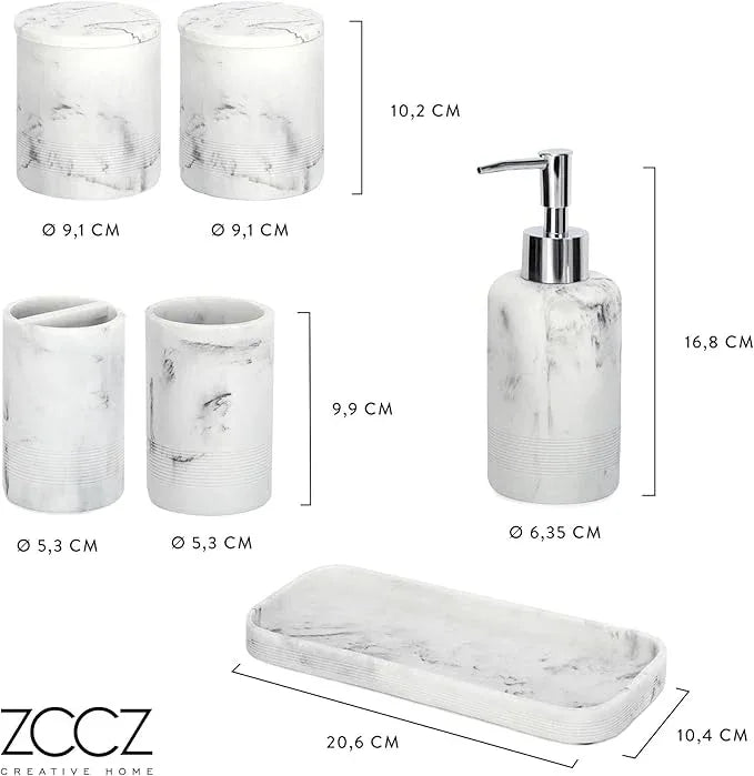 ZCCZ White Marble Bathroom Accessories Set 6 Pieces - Toothbrush Holder, Lotion Dispenser, Qtip Container, Vanity Tray, Tumbler - Countertop Organizer for Bathrooms - Elegant and Functional Décor Set - ModernBath