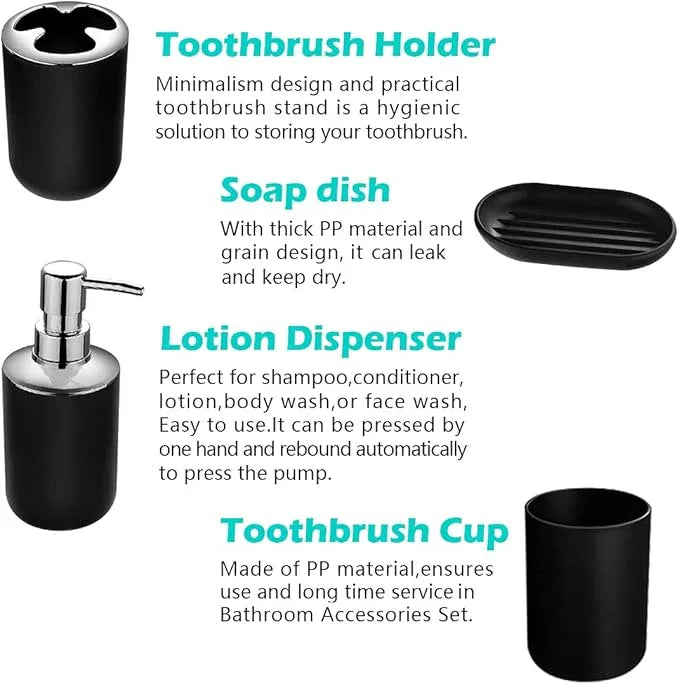 Papillon 6-Piece Bathroom Accessories Set, Toothbrush Holder with Cup, Soap Dispenser & Dish, Toilet Brush, Trash Can, Tumbler Set (Black) - ModernBath