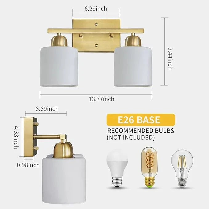 FAISHILAN 2 Light Bathroom Vanity, Bathroom Lights Over Mirror with Milky White Frosted Glass Shades, Gold Vanity Light for Mirror Living Room Bedroom Hallway E26 Base - ModernBath