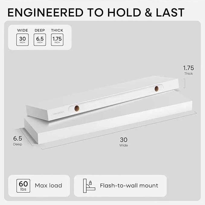 Homeforia White Floating Shelves 30 inch, High End Solid Real Wood 30inch Floating Shelf for Wall Mounted, White Wooden 30in Long Floating Shelves, Heavy Duty Bracket, 30 X 6.5 X 1.75 inches, Set of 2 - ModernBath