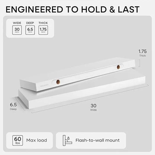 Homeforia White Floating Shelves 30 inch, High End Solid Real Wood 30inch Floating Shelf for Wall Mounted, White Wooden 30in Long Floating Shelves, Heavy Duty Bracket, 30 X 6.5 X 1.75 inches, Set of 3 - ModernBath