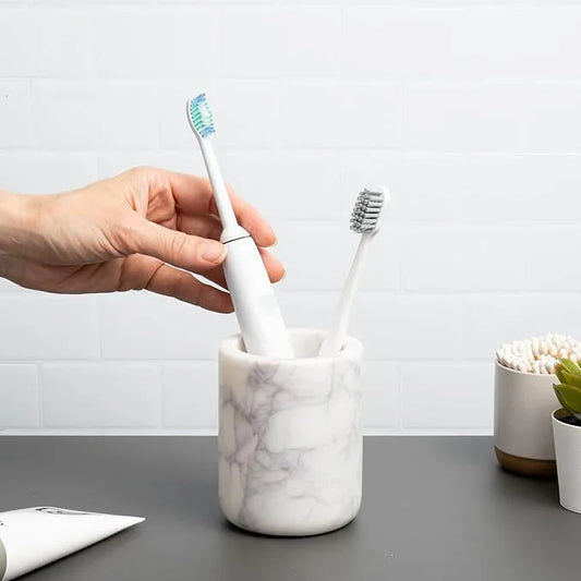 Cork & Mill Marble Toothbrush Holder Cup for Bathroom, Real White Marble Stone Bathroom Accessory, Aesthetic Decorative Countertop Organizer for Tooth Brush & Toothpaste - ModernBath