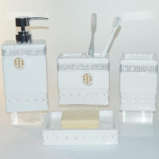 CAAHANJIA Bathroom Accessories Set 4 Pcs-Ceramic Gift Set Soap Dispenser Pump & Toothbrush Holder & Tumbler Cup & Soap Dish - Bathroom Home Decor Clearance, Countertop Vanity Organize (15 Ounce) - ModernBath