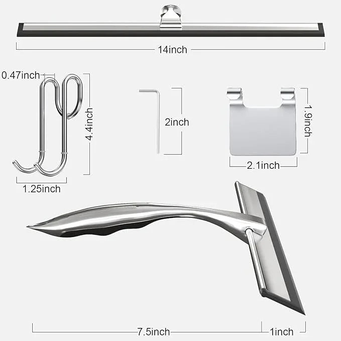 TOOVEM 14 Inch Shower Squeegee for Glass Doors, Window, Bathroom, Car Windshield, Shower Cleaning Tools with S Hook, Square Sticky Hook (Silver) - ModernBath