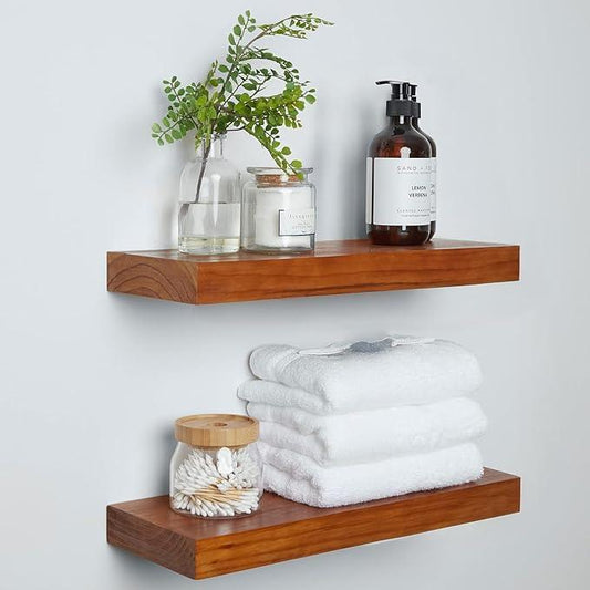 Homeforia 18 inch Floating Shelf Oak, High End Solid Real Wood 18inch Long Floating Shelves for Wall Mounted, Honey Oak Wooden 18in Floating Shelves, Heavy Duty Bracket, 18 X 6.5 X 1.75 inch, Set of 2 - ModernBath