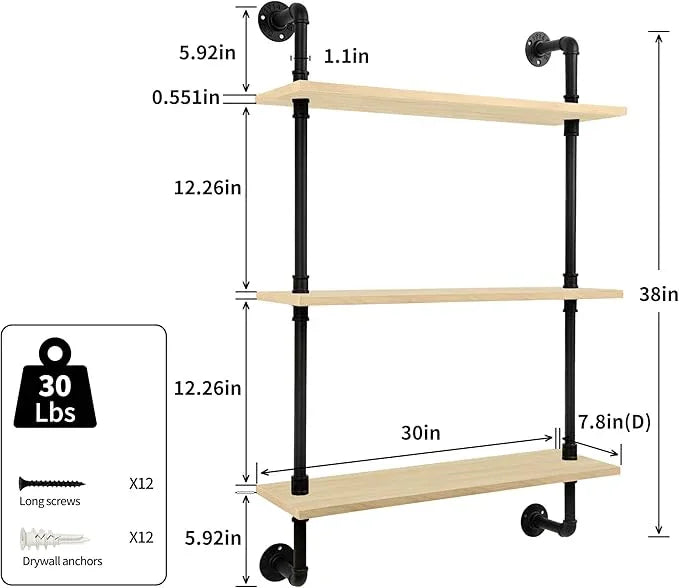 3-Tier Industrial Pipe Floating Shelf – Rustic 30 inch Wood Wall-Mounted Storage Shelf for Kitchen Office,Bathroom & Home Decor -White Oak - ModernBath