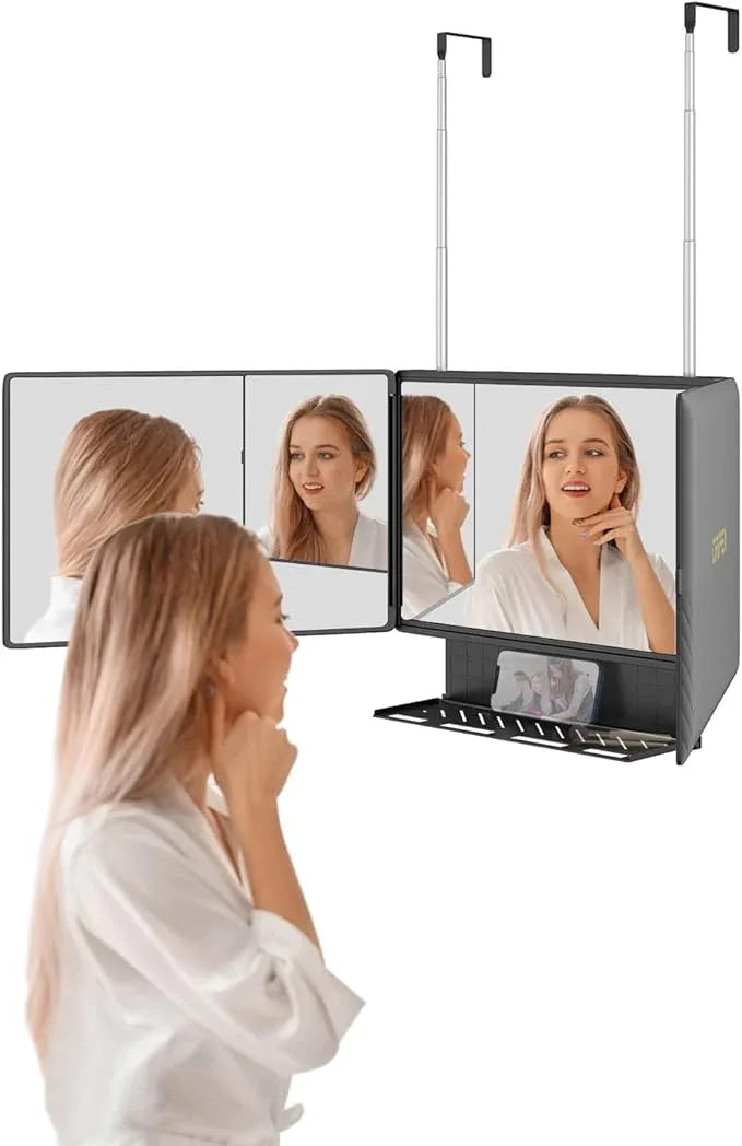 Dripex 3 Way Mirror with Storage Shelf, Trifold Self Haircut 360° Barber Mirror with Height Adjustable Hooks for Makeup, Styling, Shaving, Braiding, Dye Hair - ModernBath