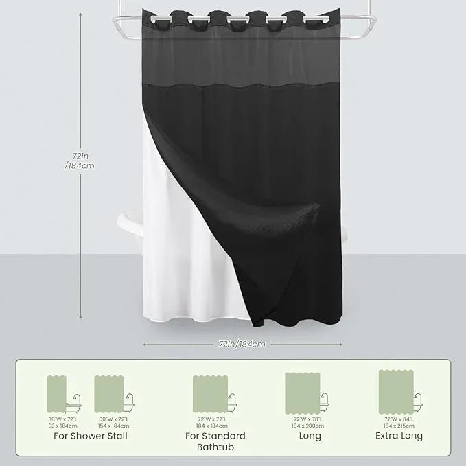 Inhousolu No Hook Shower Curtain with Snap in Fabric Liner Set Waffle Weave 230GSM Weighted Hem, Waterproof & Washable Bathroom Curtain Spa Luxury with Mesh Top Window 72" W x 72" L Black - ModernBath